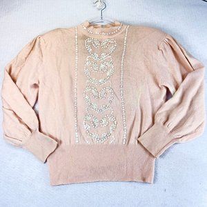 Vintage HORCHOW Womens M Pink Sequined Heart Wool Angora Puff Sleeve Sweater